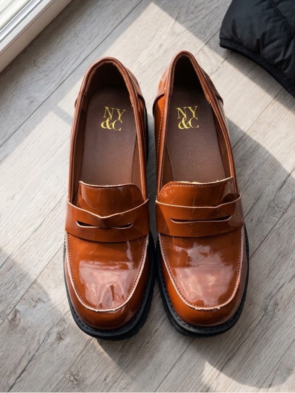 New York & Company Shiny Cognac Brown Patent Penny Loafers